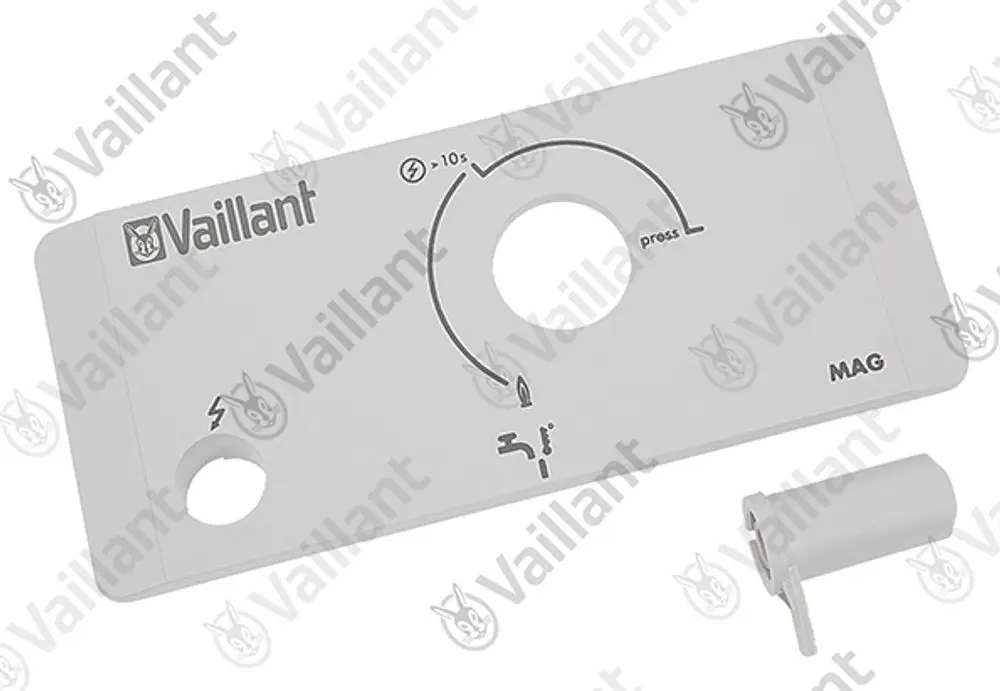 Weiße Frontblende von Vaillant mit zentralem Loch und dreidimensionalem Symbol. Enthält eine Druckstelle und eine kleinere Komponente an der rechten Seite.